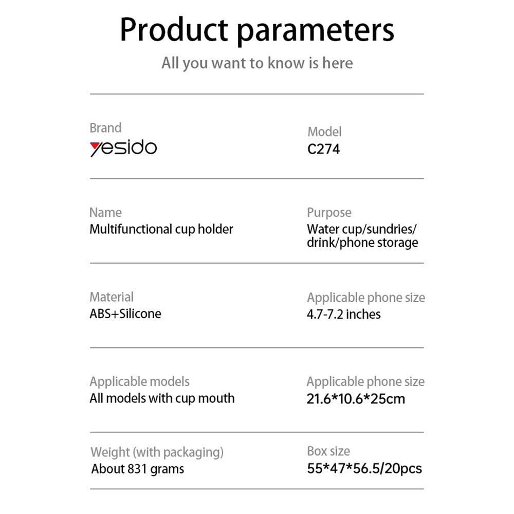 Yesido - Car Holder 4in1 (C274) - Cup Storage, Phone Mount and Sundries Storage, 720° Adjustable Angle, 4.7-7.2" - Black