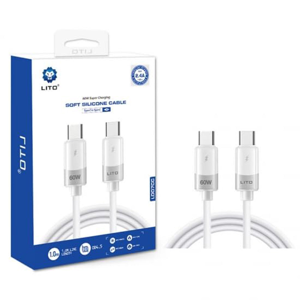 Lito - Data Cable Liquid Silicone (LD07) - Type-C to Type-C, Fast Charging 60W, Anti-freeze, Anti-fire - White