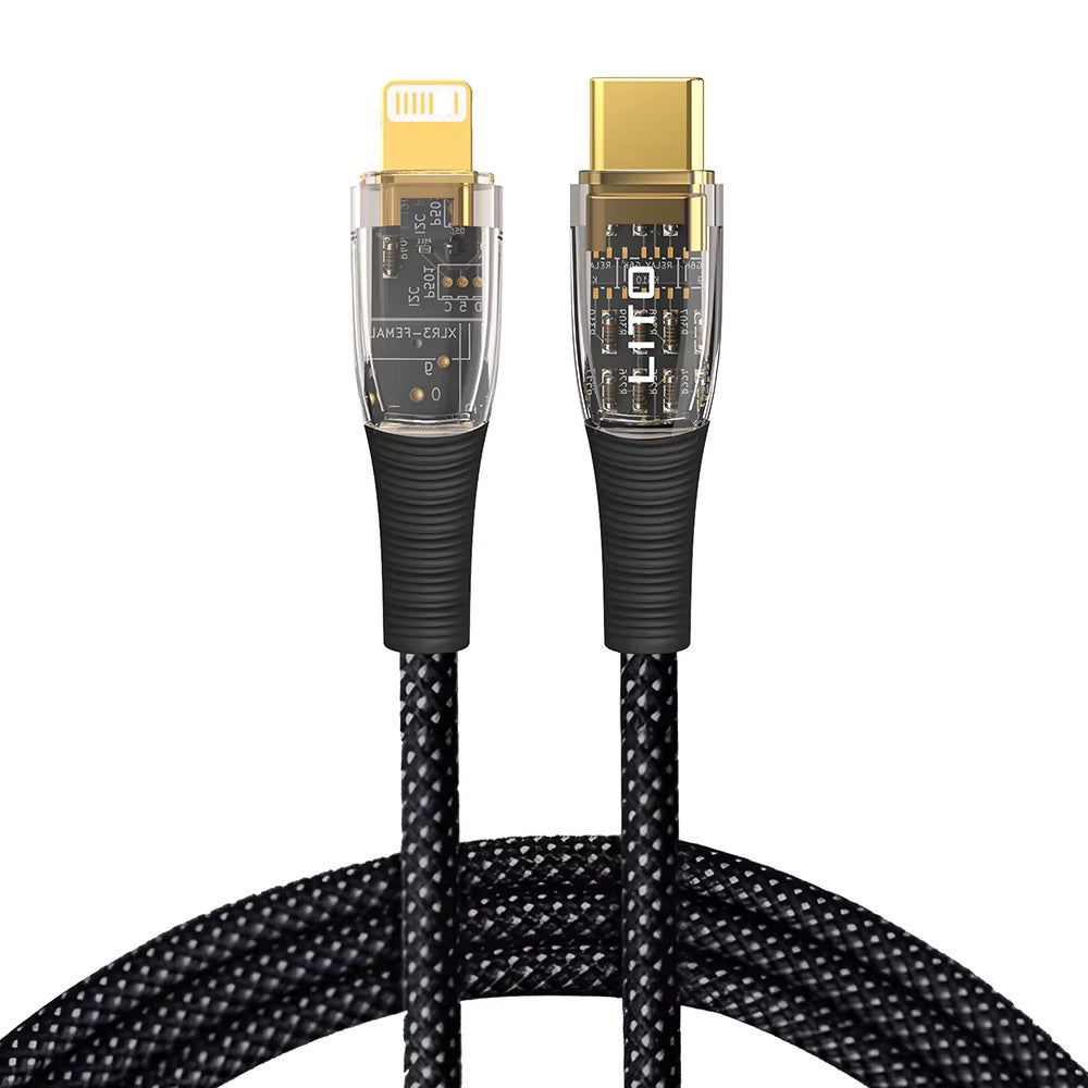 Lito - Data Cable Transparent (LD01) - Type-C to Lightning, Fast Charging 27W, Braided, Gold Plated Interface, 1.2m - Black