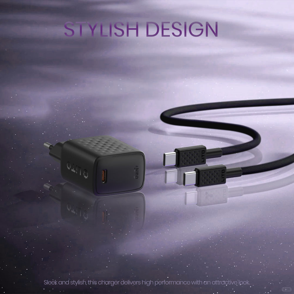 Lito - Wall Charger (LC17T) - with Type-C Cable Inluded, Type-C Output, PD30W, GaN, PC Fireproof, EU Plug - Black