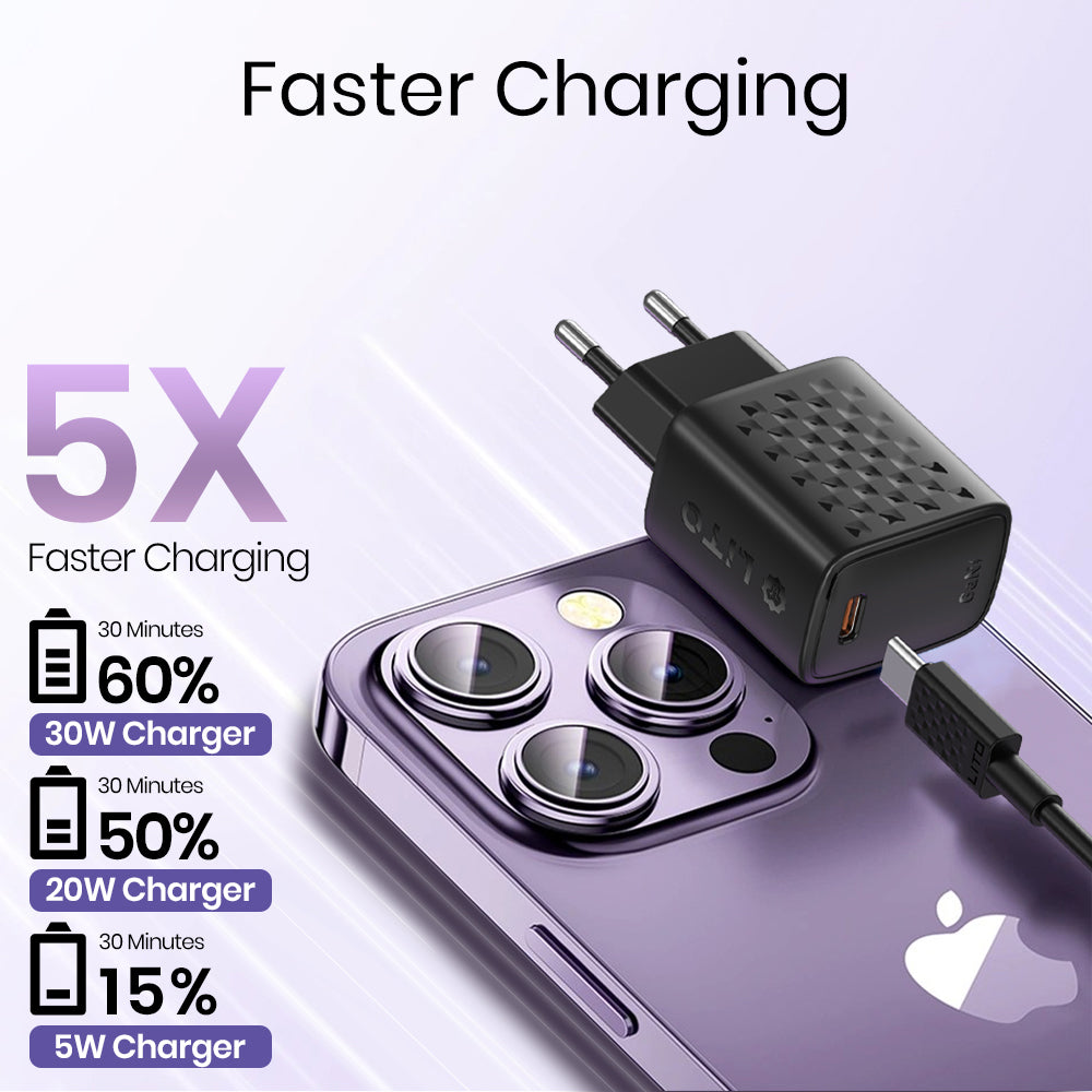Lito - Wall Charger (LC17L) - with Lightning Cable Included, Type-C Output, PD30W, GaN, PC Fireproof, EU Plug - Black