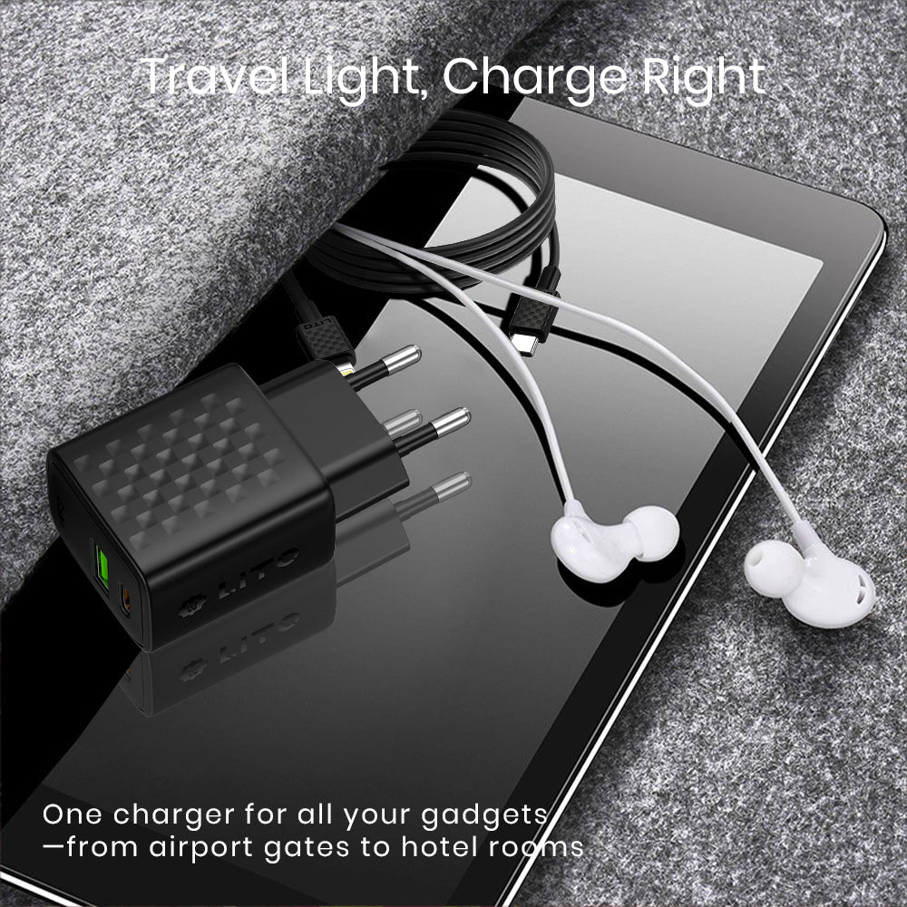 Lito - Wall Charger (LC15L) - with Lightning Cable Included, Type-C, USB Output, PD20W, GaN, PC Fireproof, EU Plug - Black