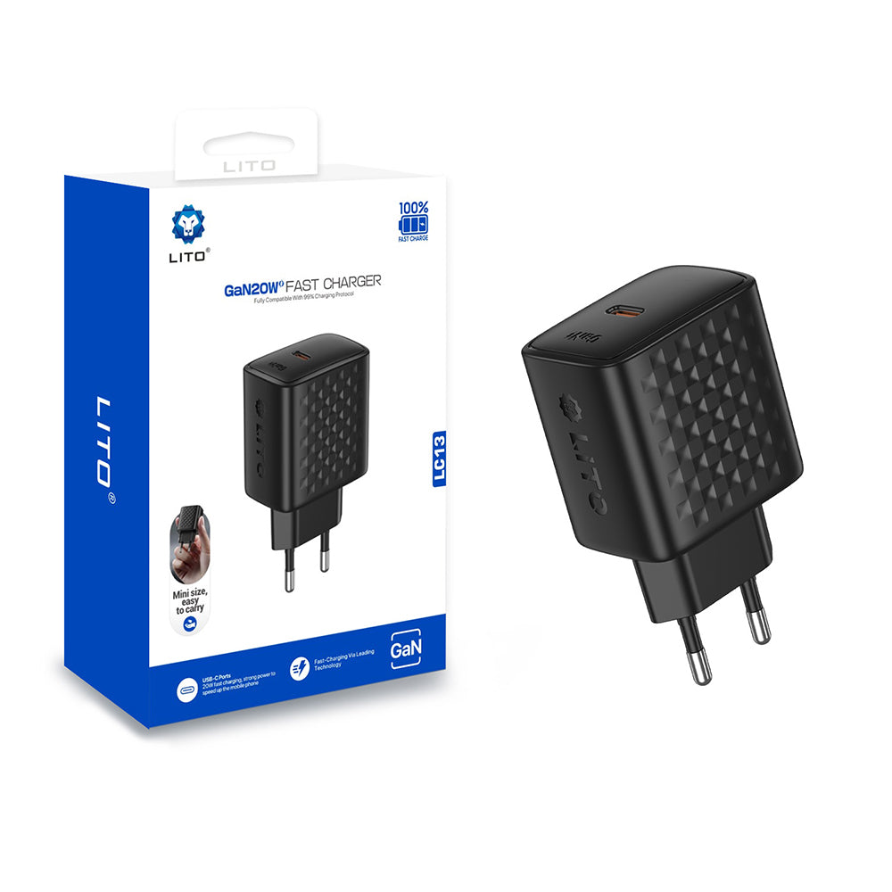 Lito - Wall Charger (LC13) - Type-C, PD20W, GaN, PC Fireproof, EU Plug - Black