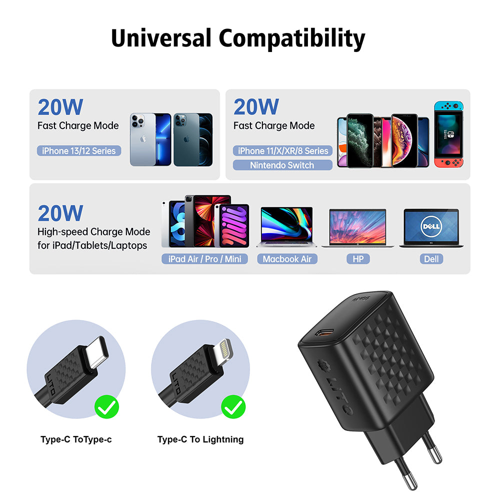 Lito - Wall Charger (LC13L) - with Lightning Cable Included, Type-C, PD20W, GaN, PC Fireproof, EU Plug - Black