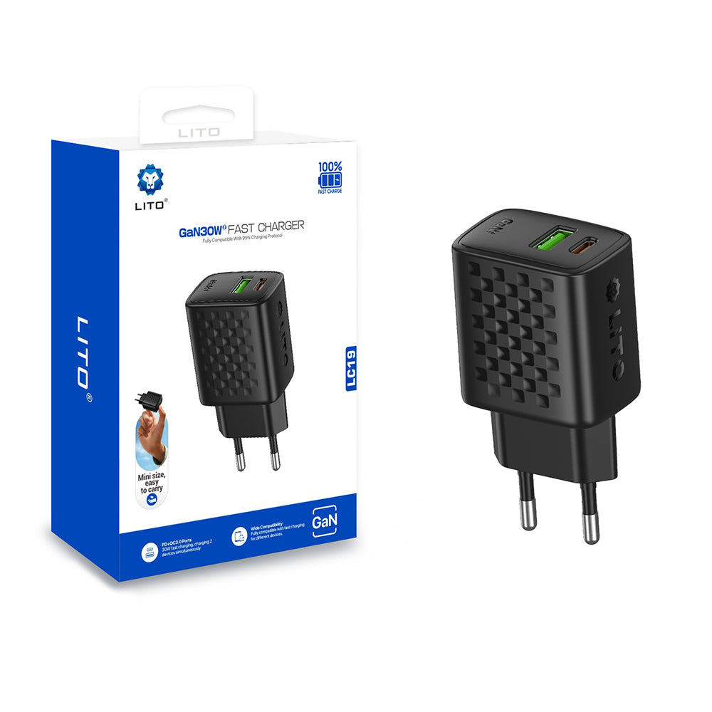 Lito - Wall Charger (LC19) - Type-C, USB Output, PD30W, GaN, PC Fireproof, EU Plug - Black