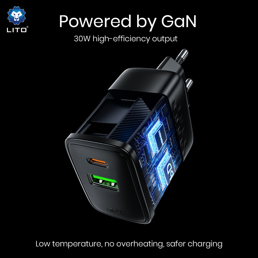 Lito - Wall Charger (LC19) - Type-C, USB Output, PD30W, GaN, PC Fireproof, EU Plug - Black