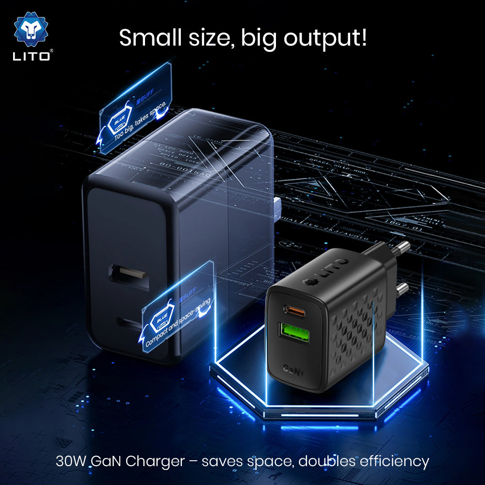 Lito - Wall Charger (LC19) - Type-C, USB Output, PD30W, GaN, PC Fireproof, EU Plug - Black