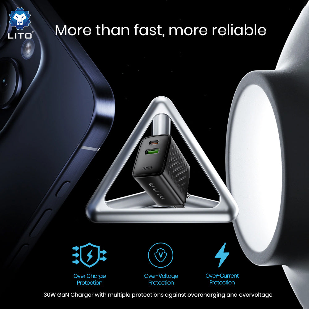 Lito - Wall Charger (LC19T) - with Type-C Cable Included, Type-C, USB Output, PD30W, GaN, PC Fireproof, EU Plug - Black