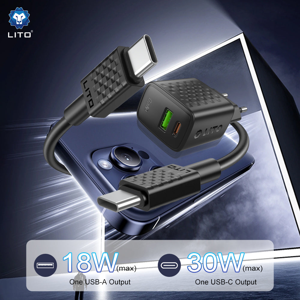 Lito - Wall Charger (LC19T) - with Type-C Cable Included, Type-C, USB Output, PD30W, GaN, PC Fireproof, EU Plug - Black