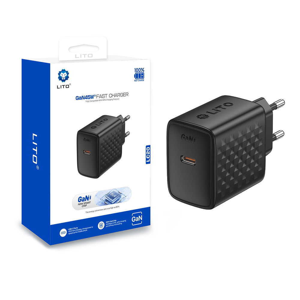 Lito - Wall Charger (LC20) - Type-C Output, PD45W, GaN, PC Fireproof, EU Plug - Black