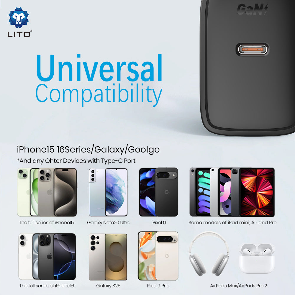 Lito - Wall Charger (LC20T) - with Type-C Cable Included, Type-C Output, PD45W, GaN, PC Fireproof, EU Plug - Black