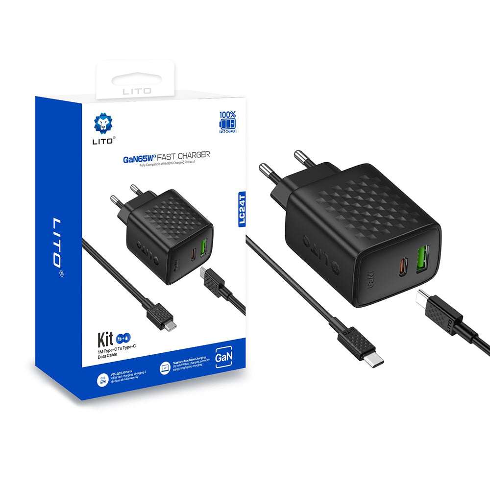Lito - Wall Charger (LC24T) - with Type-C Cable Included, Type-C, USB Output, PD65W, GaN, PC Fireproof, EU Plug - Black