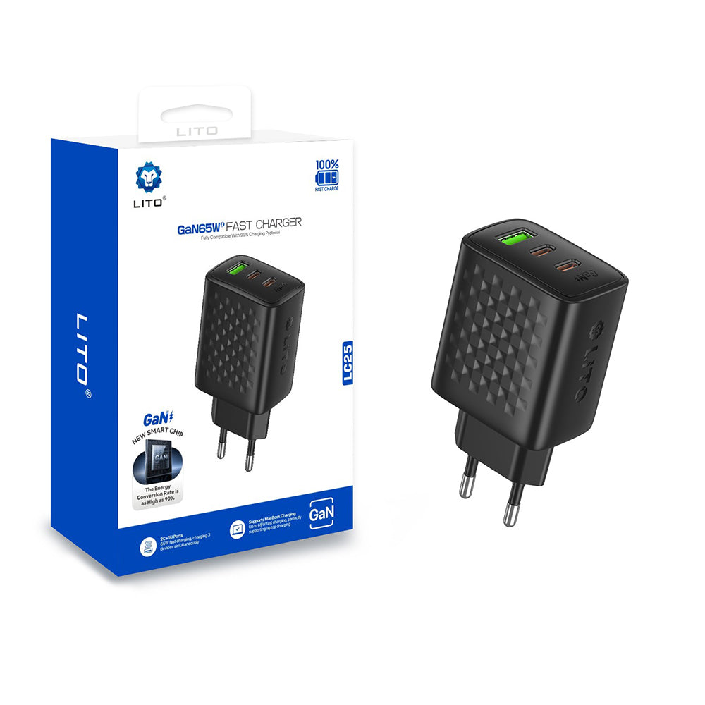 Lito - Wall Charger (LC25) - 2x Type-C, USB Output, PD65W, GaN, PC Fireproof, EU Plug - Black