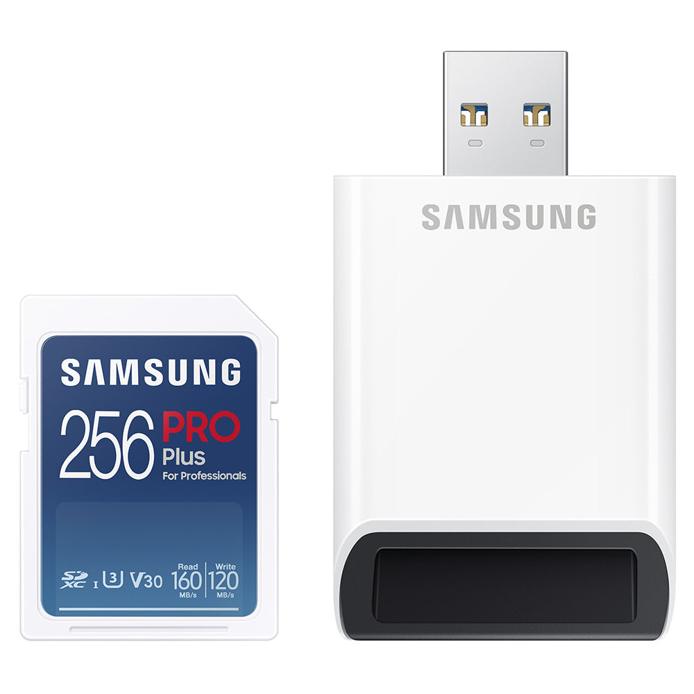 Samsung - Memory Card PRO Plus + Reader Full Size (MB-SD256KB/WW) - SDXC, 256GB, UHS-I, U3, V30, A2, 160MB/s - Blue/White