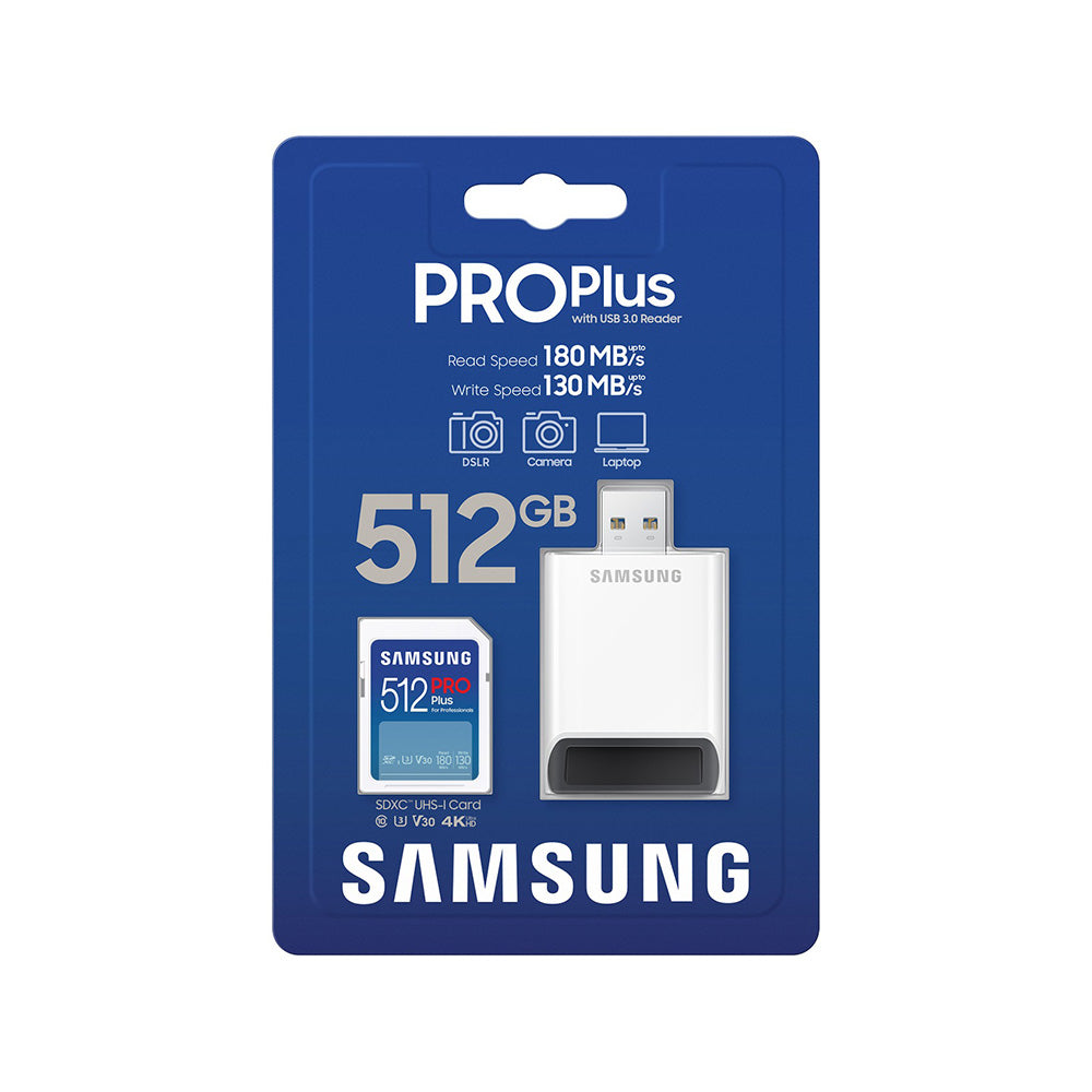 - Memory Card PRO Plus + Reader Full Size (MB-SD512SB/WW) - SDXC, 512GB, UHS-I, U3, V30, A2, 180MB/s - Blue/White