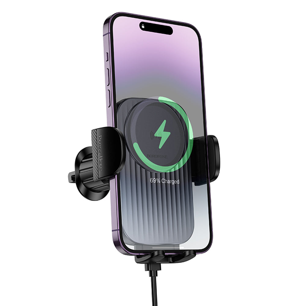 Borofone - Car Holder with Wireless Charging Path (BH221) - Fast Charge, 15W, Secure Grip - Black Metal Grey
