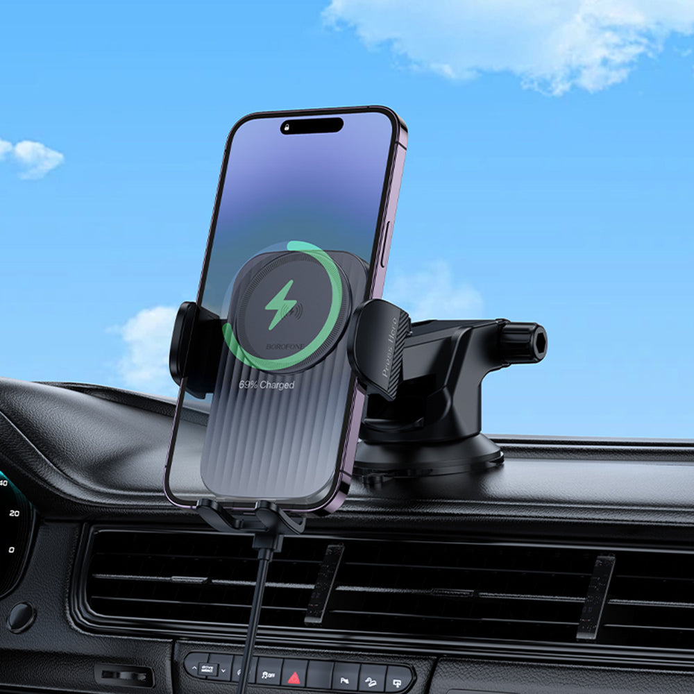 Borofone - Car Holder with Wireless Charging Leading (BH222) - for Dashboard/Windshield, Secure Grip, 15W - Black Metal Grey