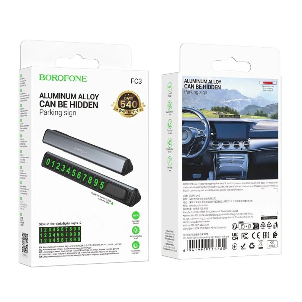 Borofone - Parking Number Ronny (FC3) - for Dashboard, Aluminum Alloy, Number Hiding - Black Metal Gray