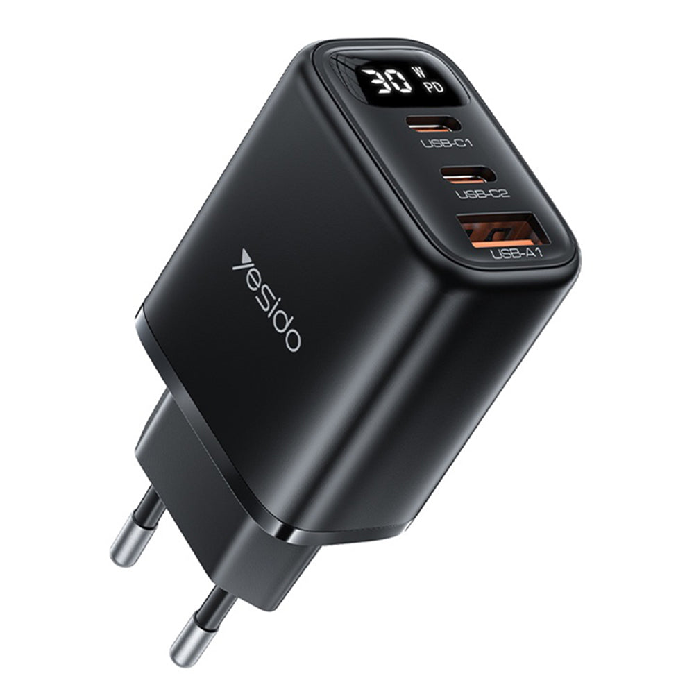 Yesido - Wall Charger (YC69) - with Digital Display, Fast Charge, for Phone, Tablet, Laptop, USB, 2x Type-C, 30W  - Black