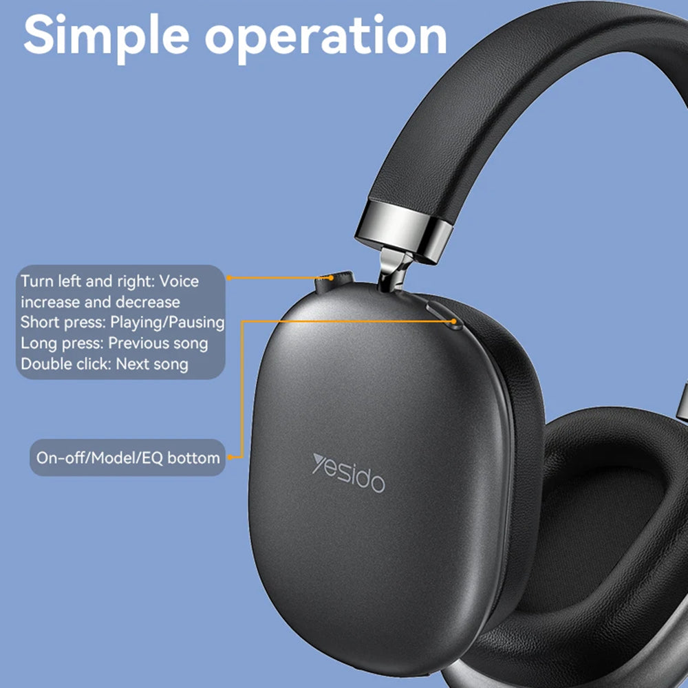 Yesido - Wireless Headphones (EP05) - Bluetooth V5.2, Noise Cancelling, 400mAh, Waterproof, Type-C Charging - Black