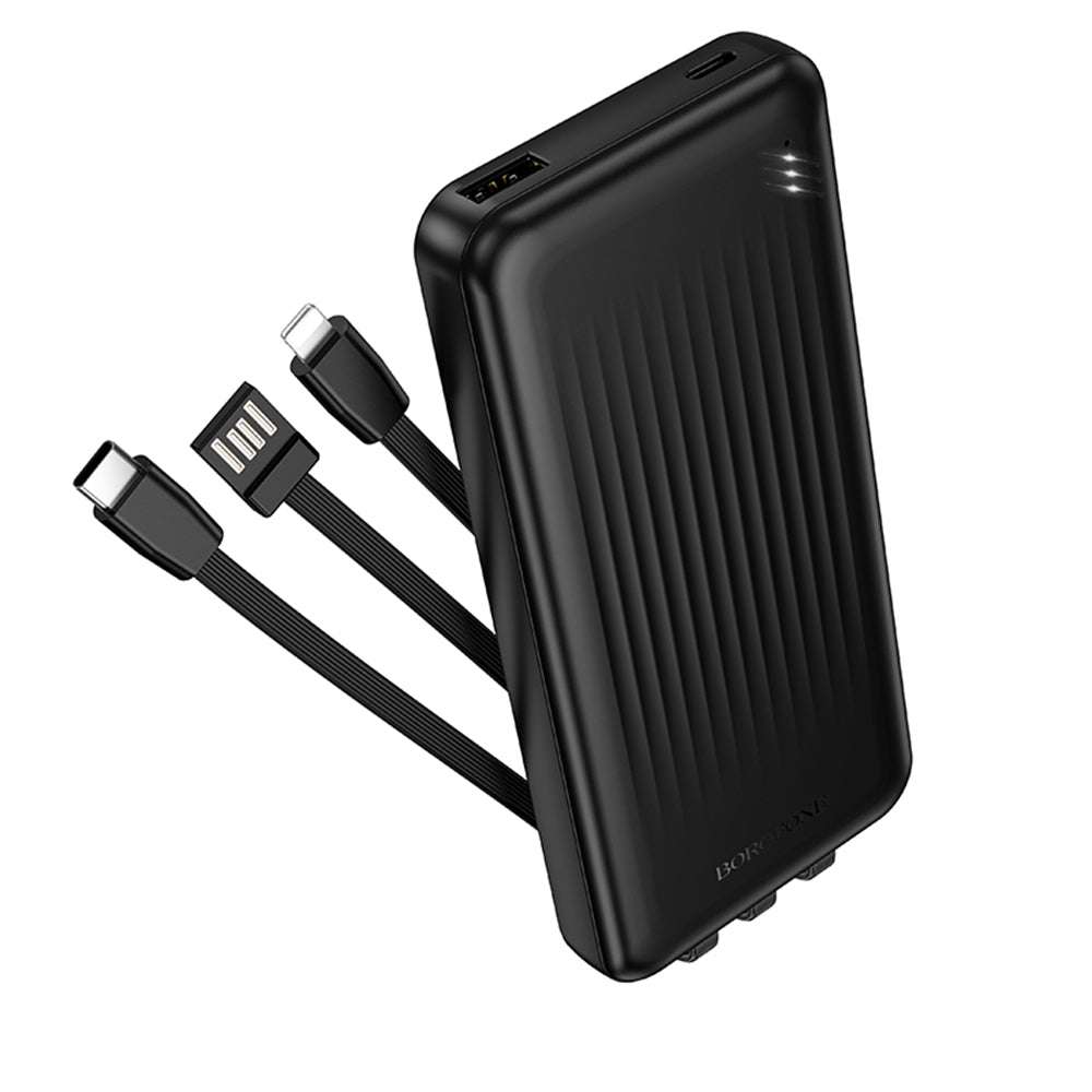 Borofone - Power Bank Clever Series (BJ79) - with Built-in 3x Cable, USB, USB-C, Lightning, Indicator, 2A, 10000mAh - Black
