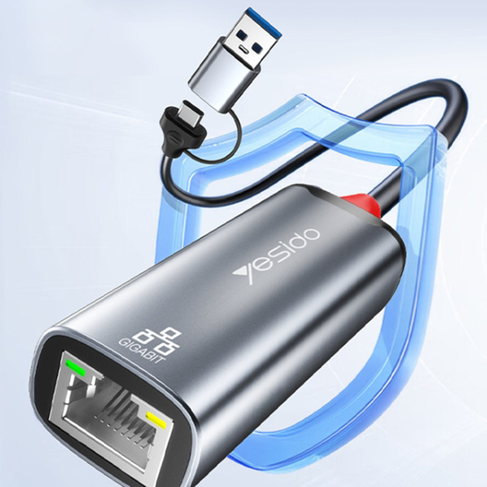 Yesido - Ethernet Adapter (HB26) - USB, Type-C to RJ45, for Windows, MacOS, Linux, 1000Mbps - Gray