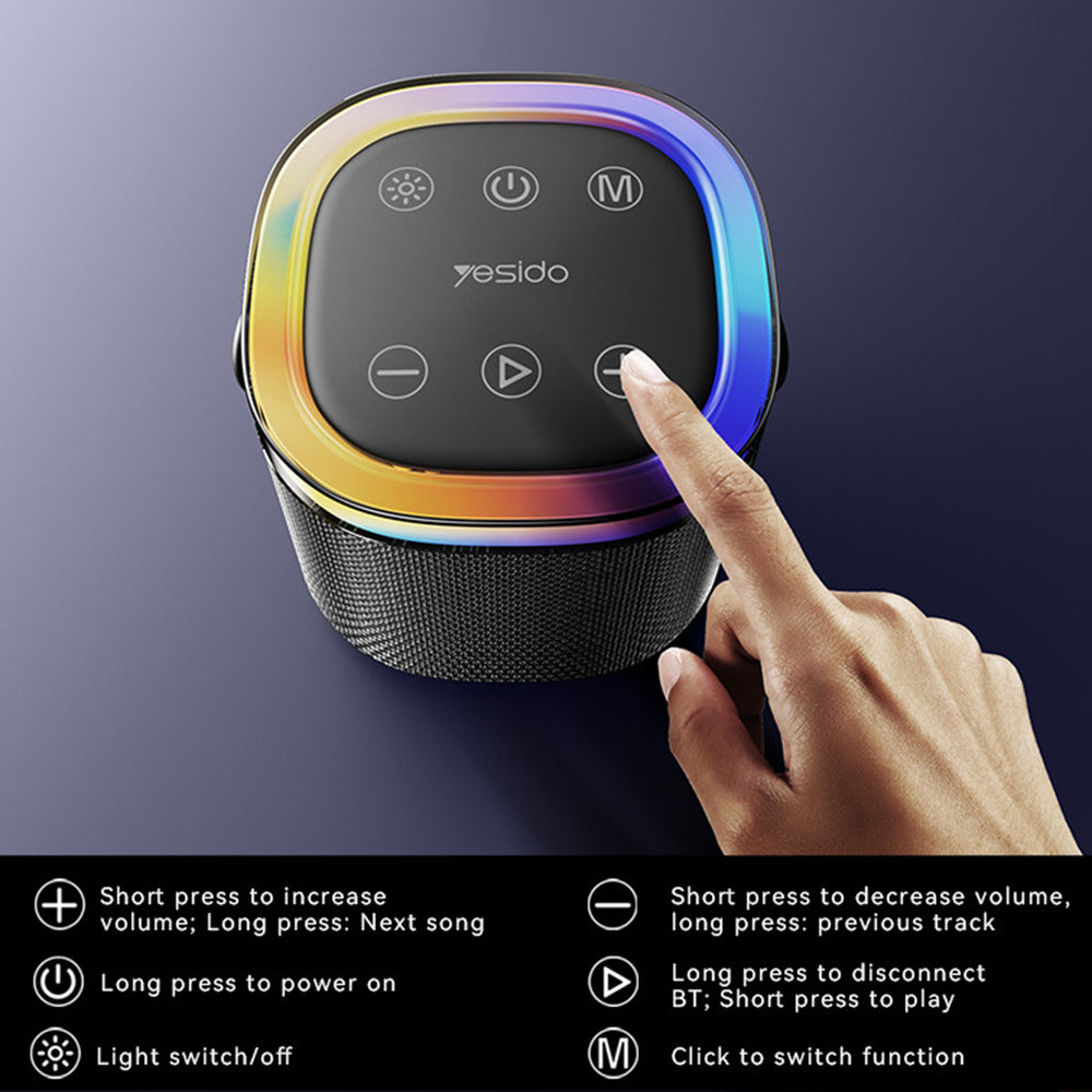 Yesido - Wireless Speaker (YSW25) - Bluetooth 5.3, RGB Lights, IP67 Waterproof, Handle, TF, AUX, USB, Type-C, 1800mAh - Black