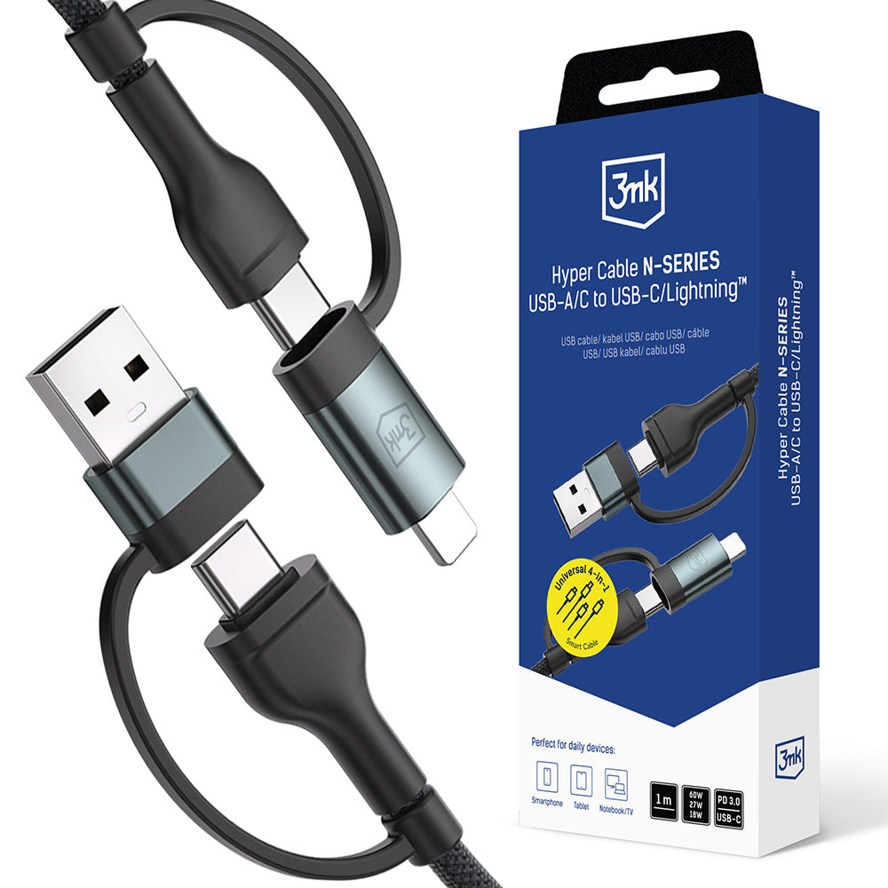 3mk - Data Cable Hyper N-Series - USB/Type-C to Type-C, Lightning, Fast Charge, 60W, 9V/2A, 1.2m - Black