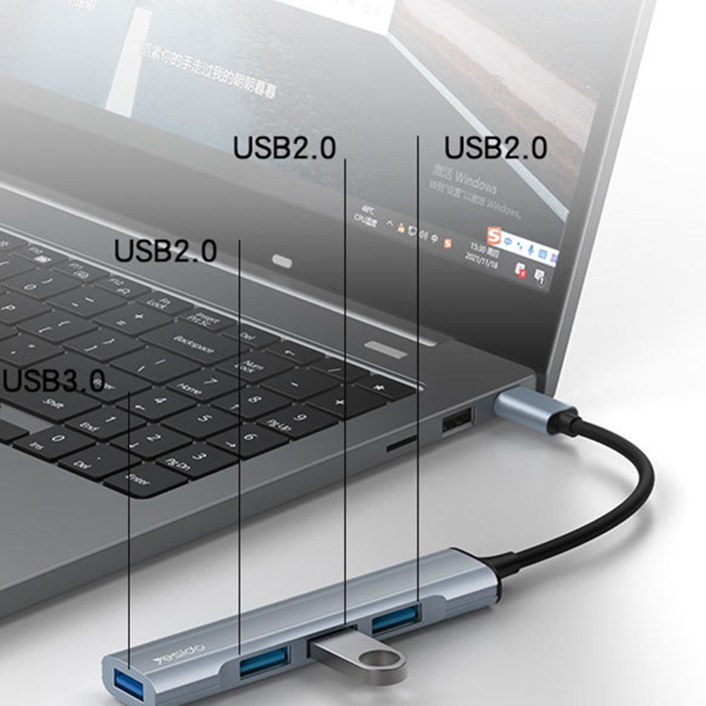 Yesido - Docking Station 4in1 (HB17) - Type-C to 1x USB3.0, 3x USB2.0, Plug&Play, 5Gbps, Aluminum Alloy - Gray
