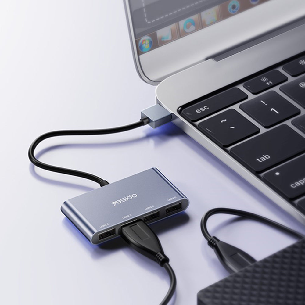 Yesido - Docking Station 4in1 (HB12) - USB to 4x USB, Plug & Play, 480Mbps, 15cm - Gray