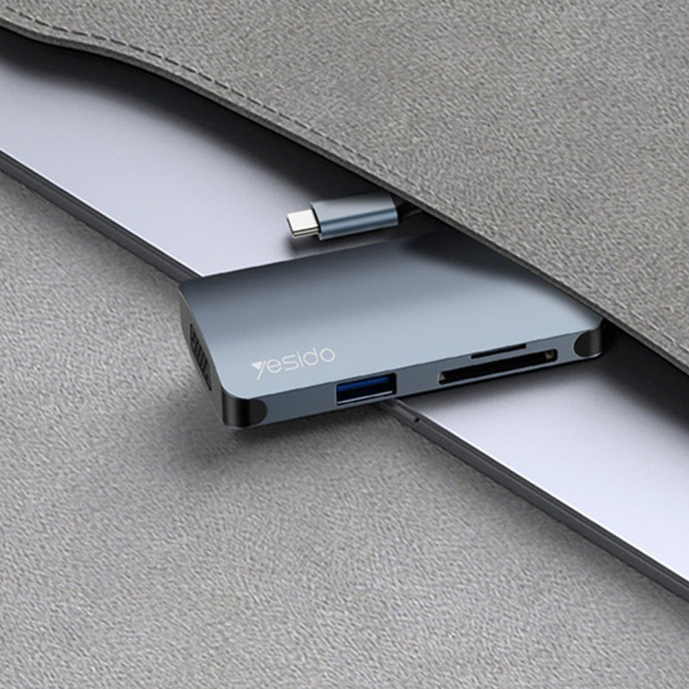 Yesido - Docking Station 7in1 (HB16) - Type-C to 1x USB3.0, 2x USB2.0, TF/SD Card, 1x VGA, 1x Type-C, 5Gbps, PD100W  - Gray