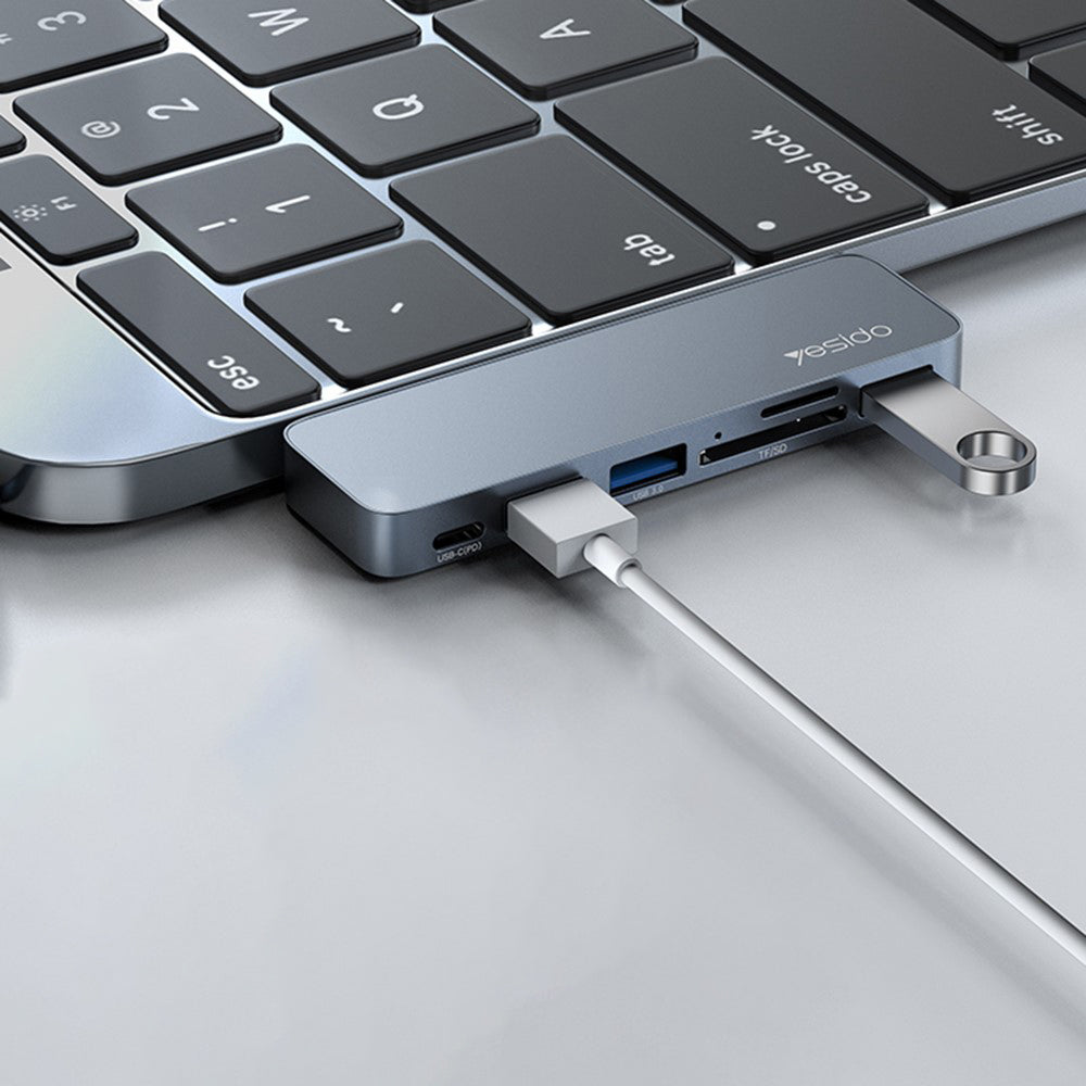 Yesido - Docking Station 6in1 (HB10) - 2x Type-C to 3x USB, USB-C, SD/TF, 6in1 Splitter, Fast Charging, 96W, 5Gbps - Gray