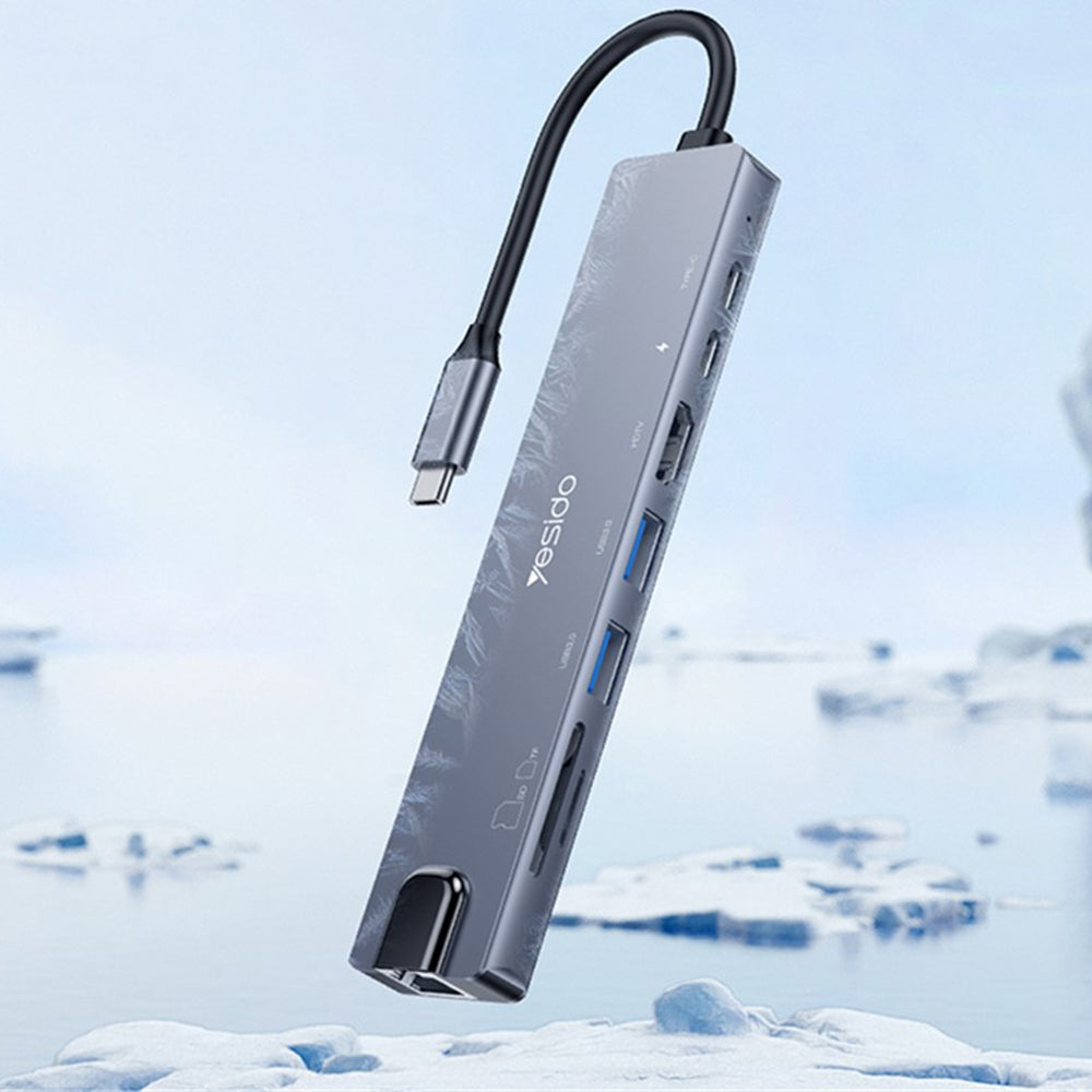 Yesido - Docking Station 8in1 (HB27) - Type-C to 2x USB, 2x USB-C, HDMI, RJ45, TF/SD, PD100W, Fast Charge, 4K@30Hz - Gray