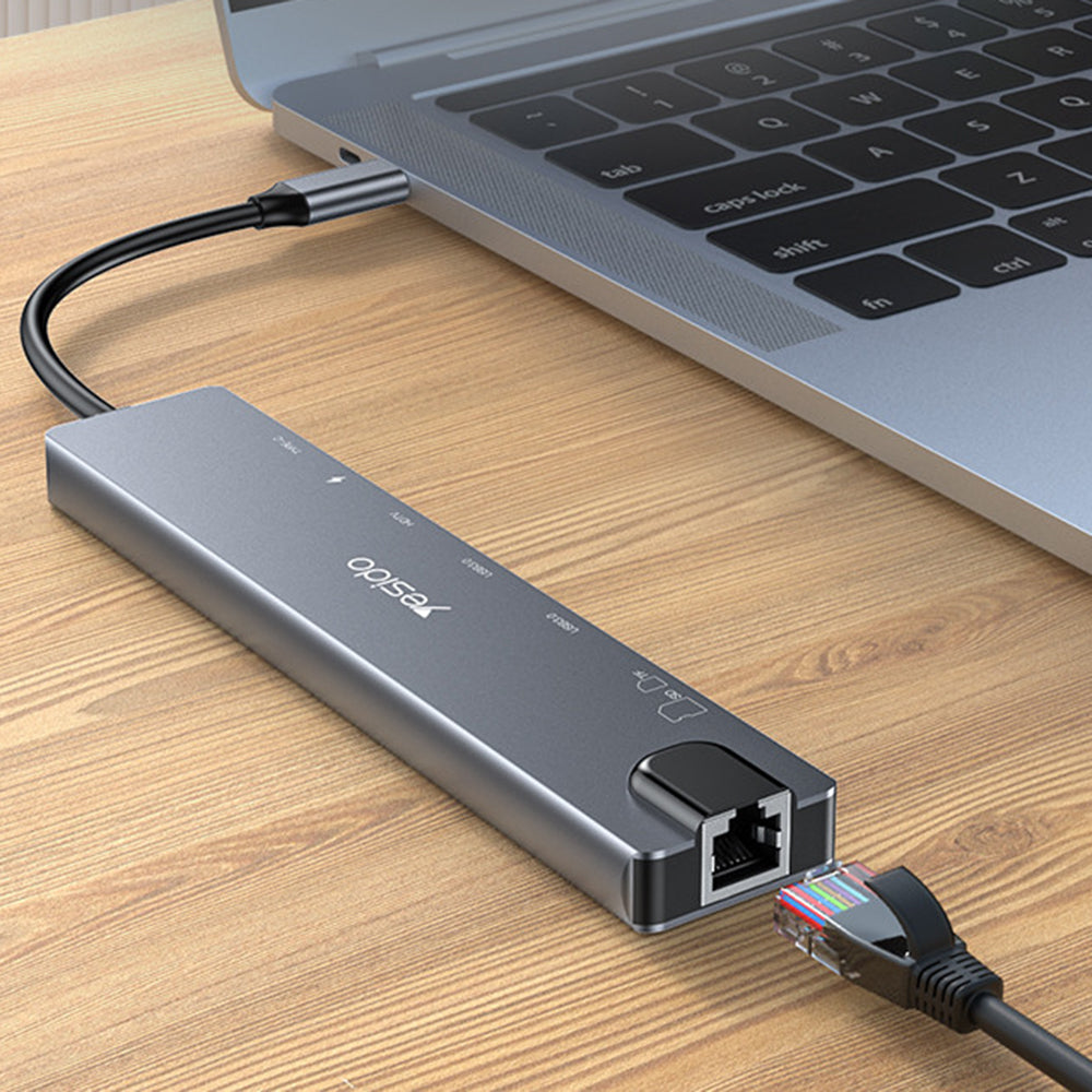 Yesido - Docking Station 8in1 (HB27) - Type-C to 2x USB, 2x USB-C, HDMI, RJ45, TF/SD, PD100W, Fast Charge, 4K@30Hz - Gray