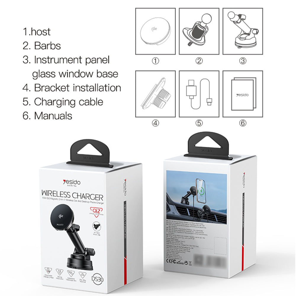 Yesido - Car Holder with Wireless Charging (DS30) - for Dashboard/Windshield/Air Vent, Type-C, 15W, Qi2.0 - Black