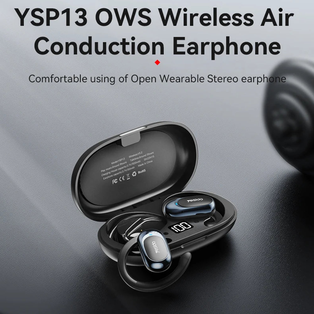 Yesido - Wireless Earbuds (YSP13) - with Bluetooth V5.3, Open-ear Design, Air Conduction Sound, 600mAh, LED - Black