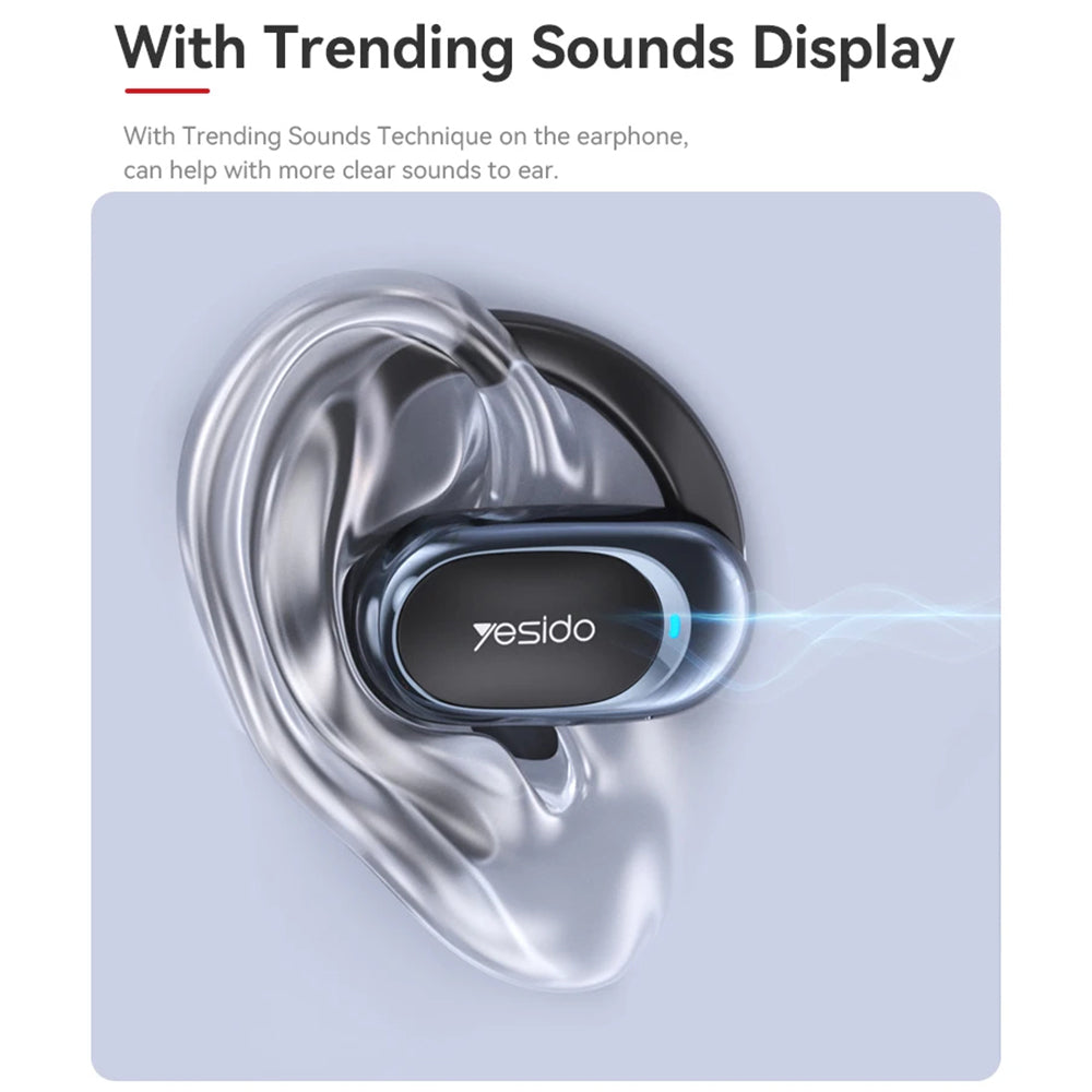 Yesido - Wireless Earbuds (YSP13) - with Bluetooth V5.3, Open-ear Design, Air Conduction Sound, 600mAh, LED - Black
