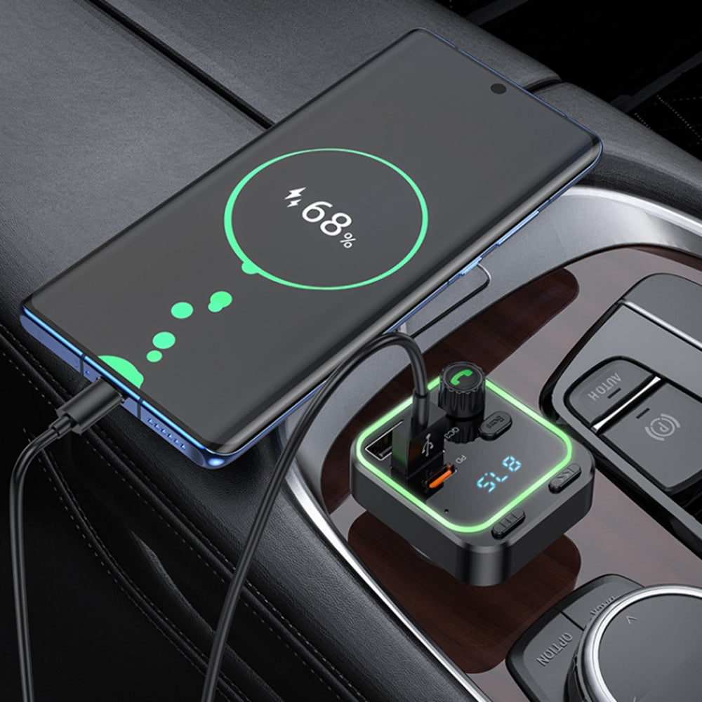 Borofone - FM Modulator and Car Charger Highway (BC53) - Bluetooth V5.0, 2x USB, Type-C, 38W, RGB Ambient Lights - Black