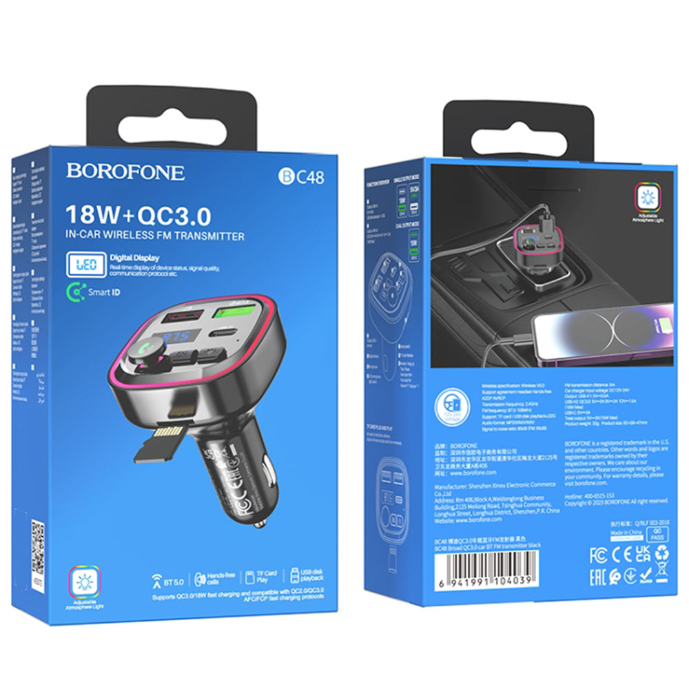 Borofone - FM Modulator and Car Charger Broad (BC48) - Bluetooth V5.0, 2x USB, Type-C, QC3.0, 18W, U-Disk - Black