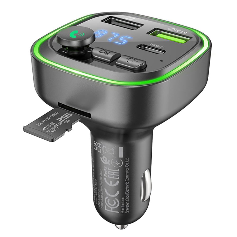 Borofone - FM Modulator and Car Charger Broad (BC48) - Bluetooth V5.0, 2x USB, Type-C, QC3.0, 18W, U-Disk - Black