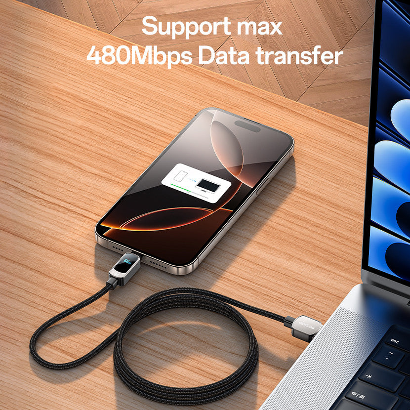 Yesido - Data Cable (CA128C) - with LED Power Display, USB to Type-C, Fast Charge, 66W, 5A, 480Mbps, 1.2m - Black