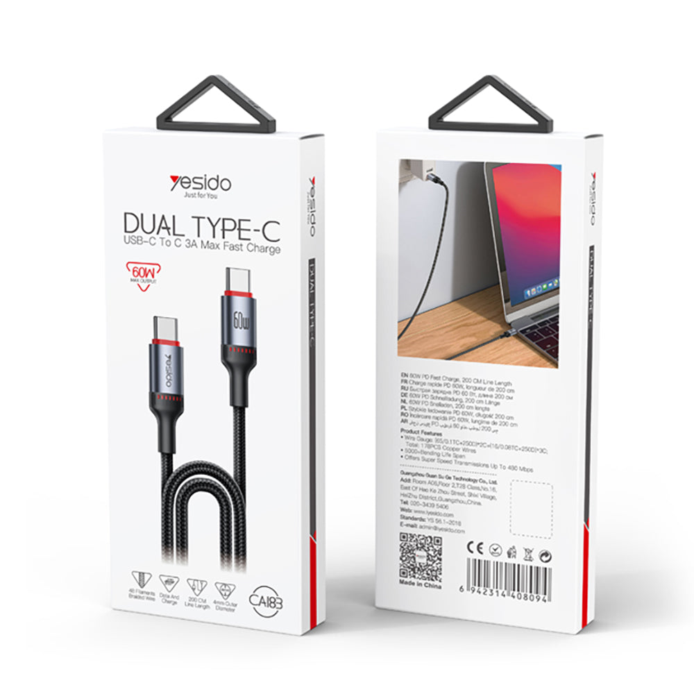 Yesido - Data Cable (CA183) - Type-C to Type-C, Fast Charging, 60W, 3A, 480Mbps, Aluminum Alloy, 2m - Black