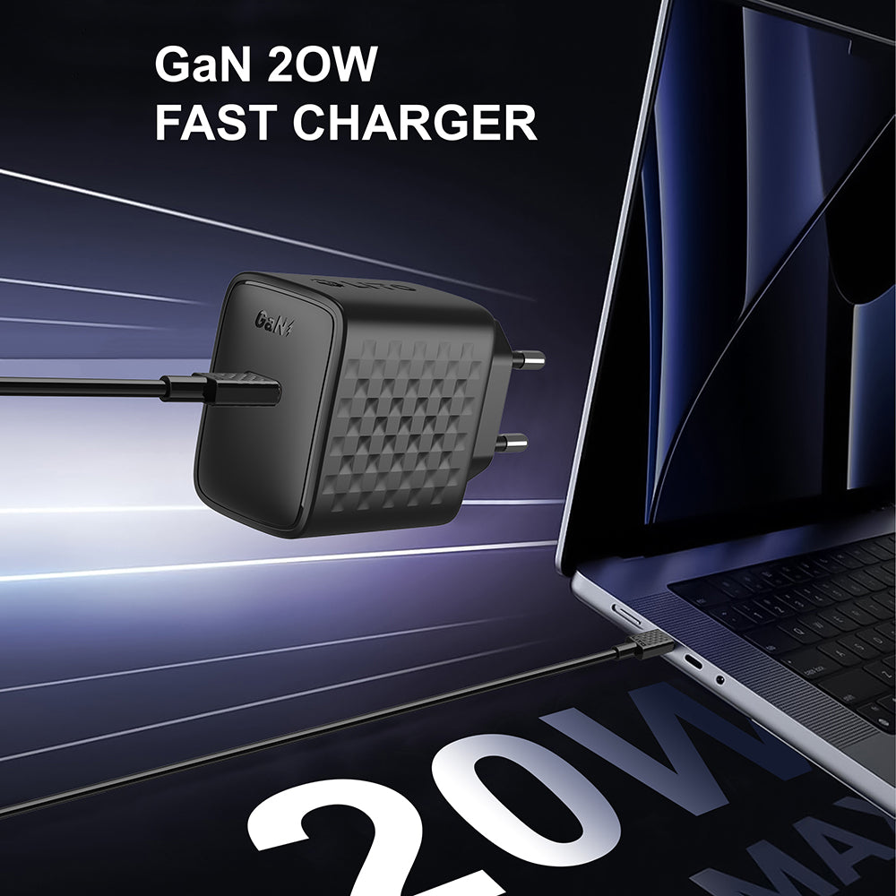 Lito - Wall Charger (LC13T) - with Type-C Cable Included, Type-C, PD20W, GaN, PC Fireproof, EU Plug - Black