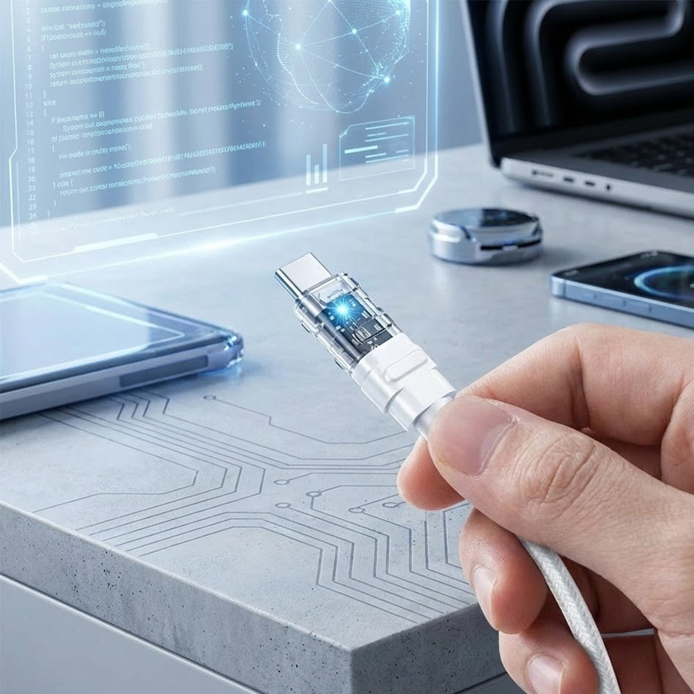 Lito - Data Cable Mechanical (LD05) - Type-C to Type-C, Fast Charging 60W, Transparent Head, LED - White