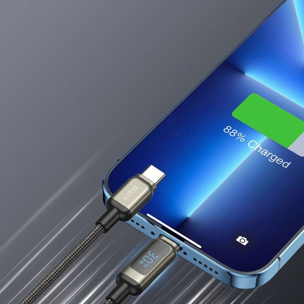 Lito - Data Cable (LD15) - Type-C to Type-C, Fast Charging, Braided Nylon, 60W, LED Display - Black