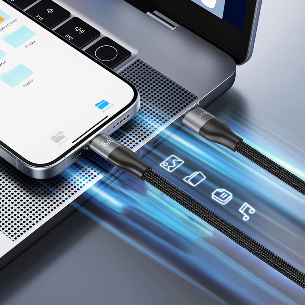 Lito - Data Cable (LD23T) - USB to Type-C, Fast Charging, Braided Nylon, 6A, 480Mbps, 1m - Grey