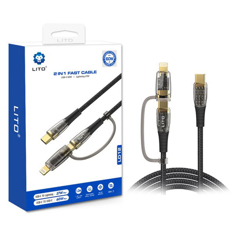 Lito - Data Cable Transparent 2in1 (LD12) - Type-C to Type-C, Lightning, Fast Charge, Braided, Anti-oxidant - Black
