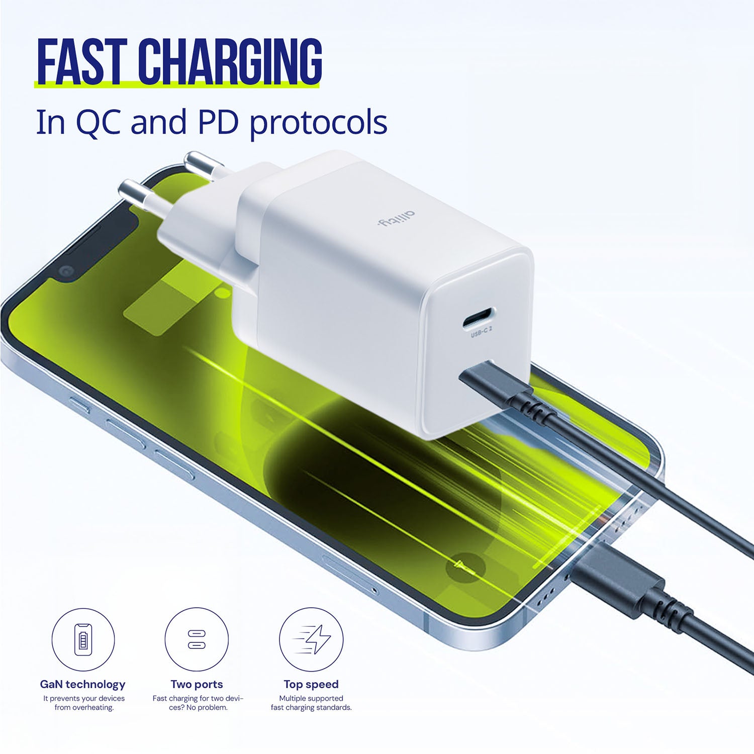 Φορτιστής τοίχου Allity GaN PD QC ATC-01-45WCC 2x USB-c 45W λευκός