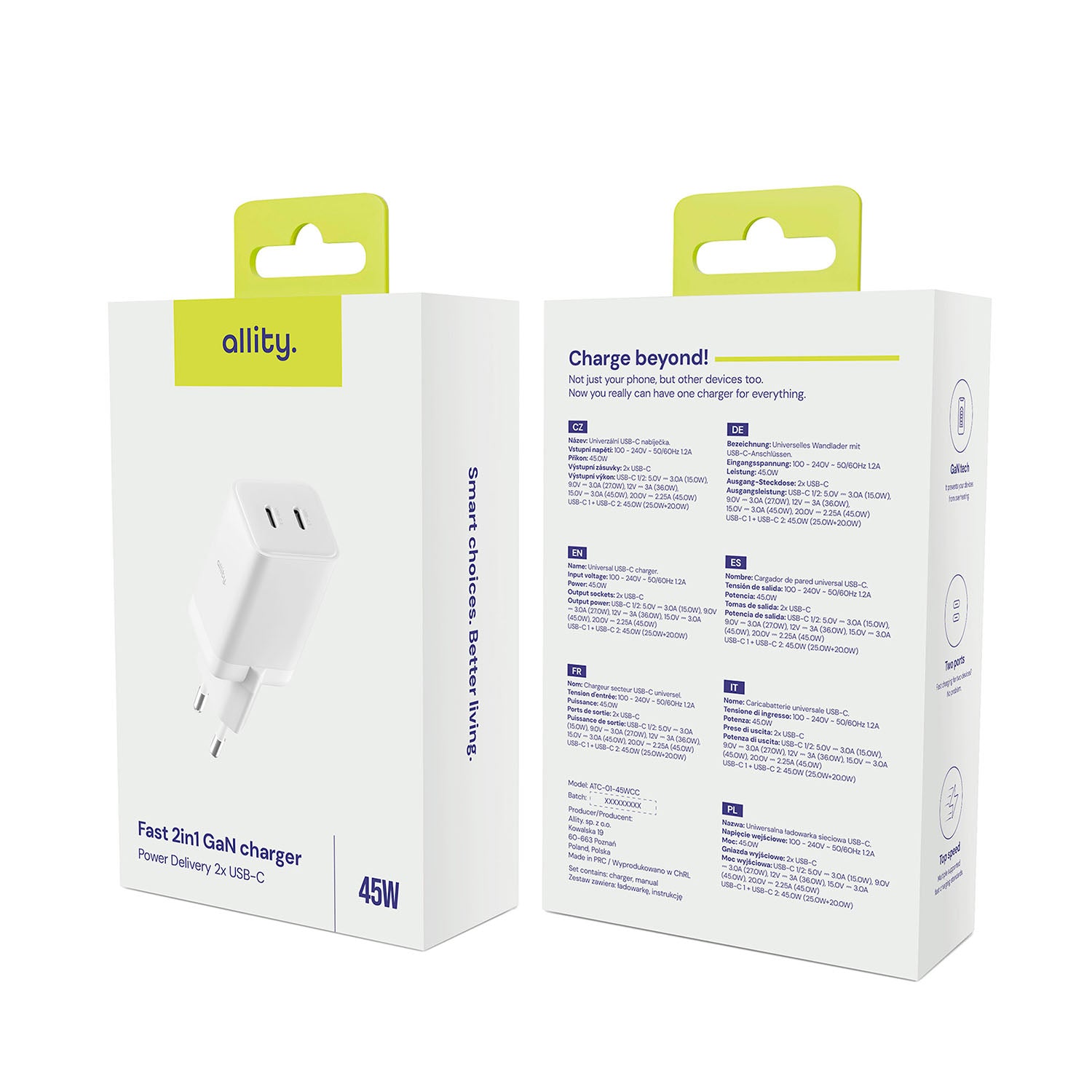Φορτιστής τοίχου Allity GaN PD QC ATC-01-45WCC 2x USB-c 45W λευκός