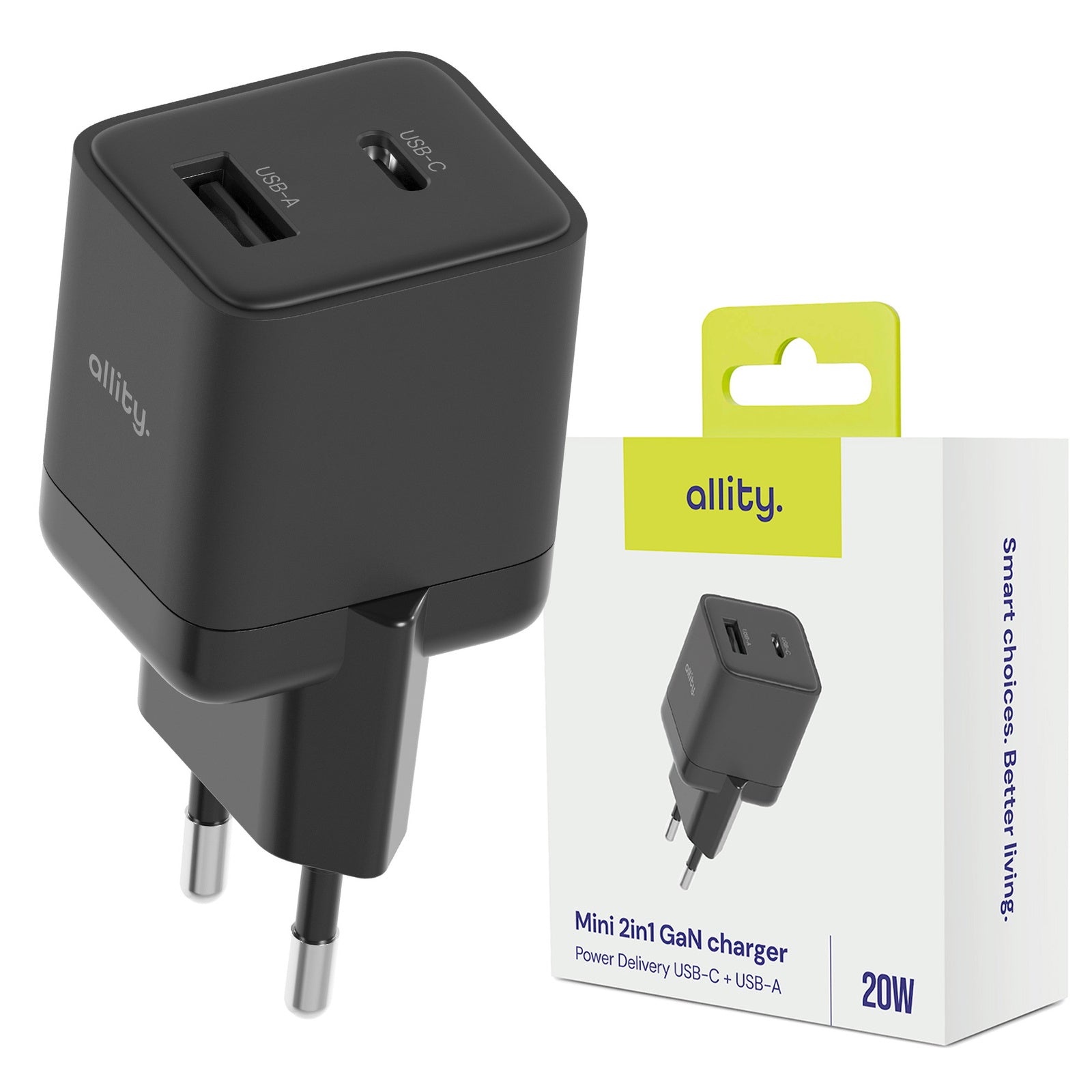 Φορτιστής τοίχου Allity GaN PD QC ATC-01-20WAC 1x USB-c 1x USB-a 20W μαύρος